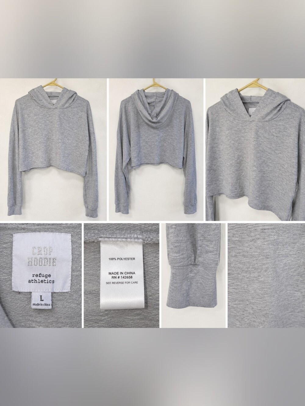 Refuge Athletics Crop Hoodie Women’s Large Heather Gray Long Sleeve